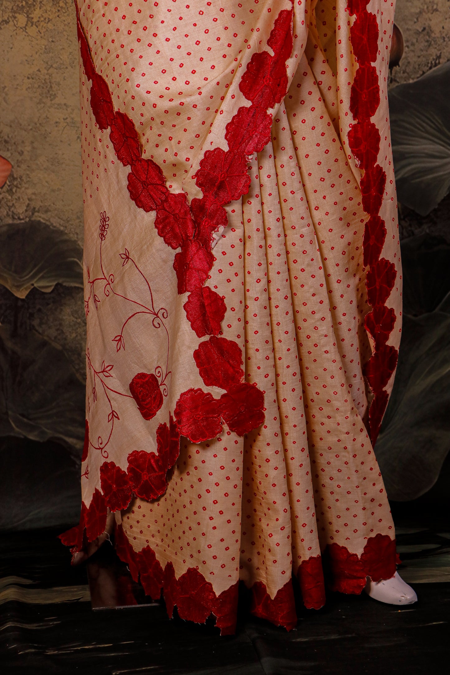 Pure Tussar Silk Saree with Bandhini Print & Hand-Applique Floral Border