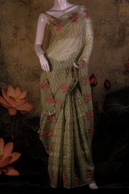 Pure Kora Silk Saree with Hand Embroidery & Woven Gold Accents