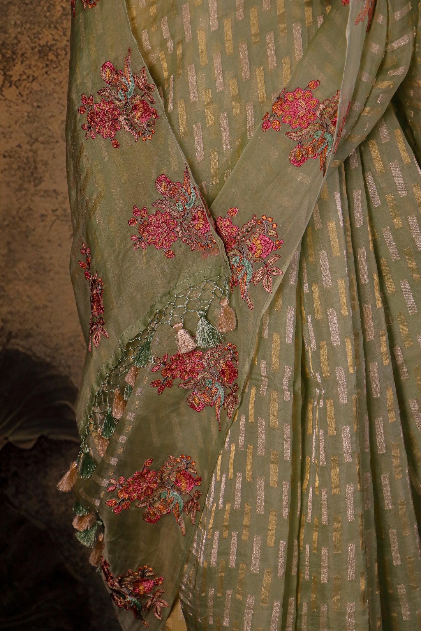 Pure Kora Silk Saree with Hand Embroidery & Woven Gold Accents