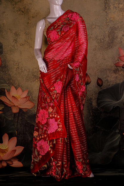 Pure Kora Silk Saree with Hand Embroidery & Kanchi Brocade Blouse