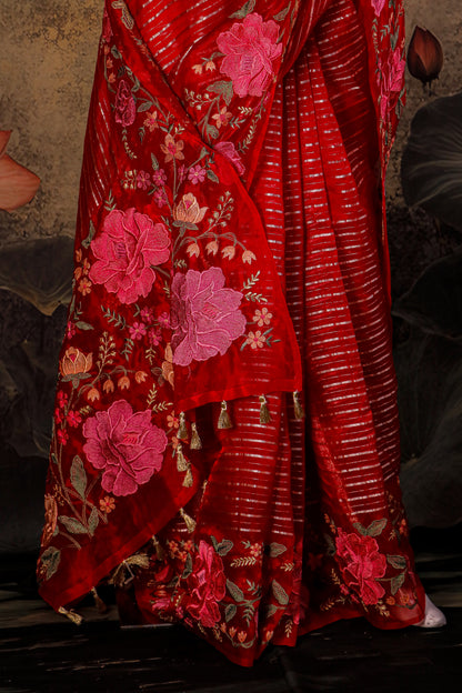 Pure Kora Silk Saree with Hand Embroidery & Kanchi Brocade Blouse