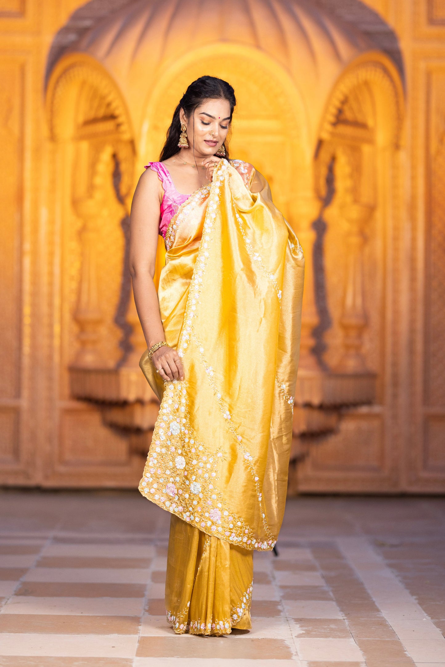 GOLD TISSUE ORGANZA SAREE WITH HANDWORK