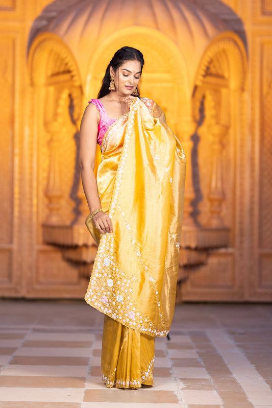 GOLD TISSUE ORGANZA SAREE WITH HANDWORK