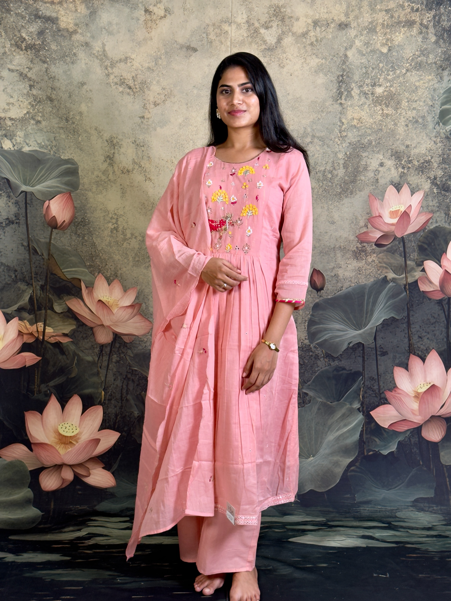 Pure mulchanderi with fusion applique and handwork