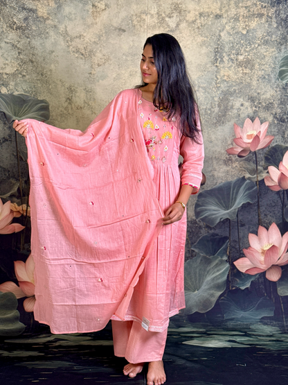 Pure mulchanderi with fusion applique and handwork