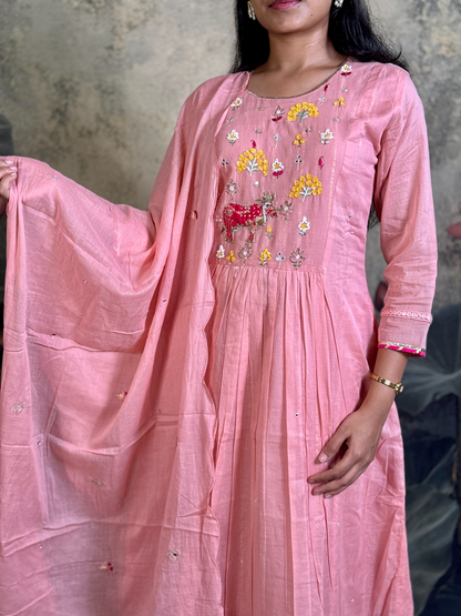 Pure mulchanderi with fusion applique and handwork