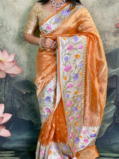 Pure tissue pattu saree with paithani embroidery