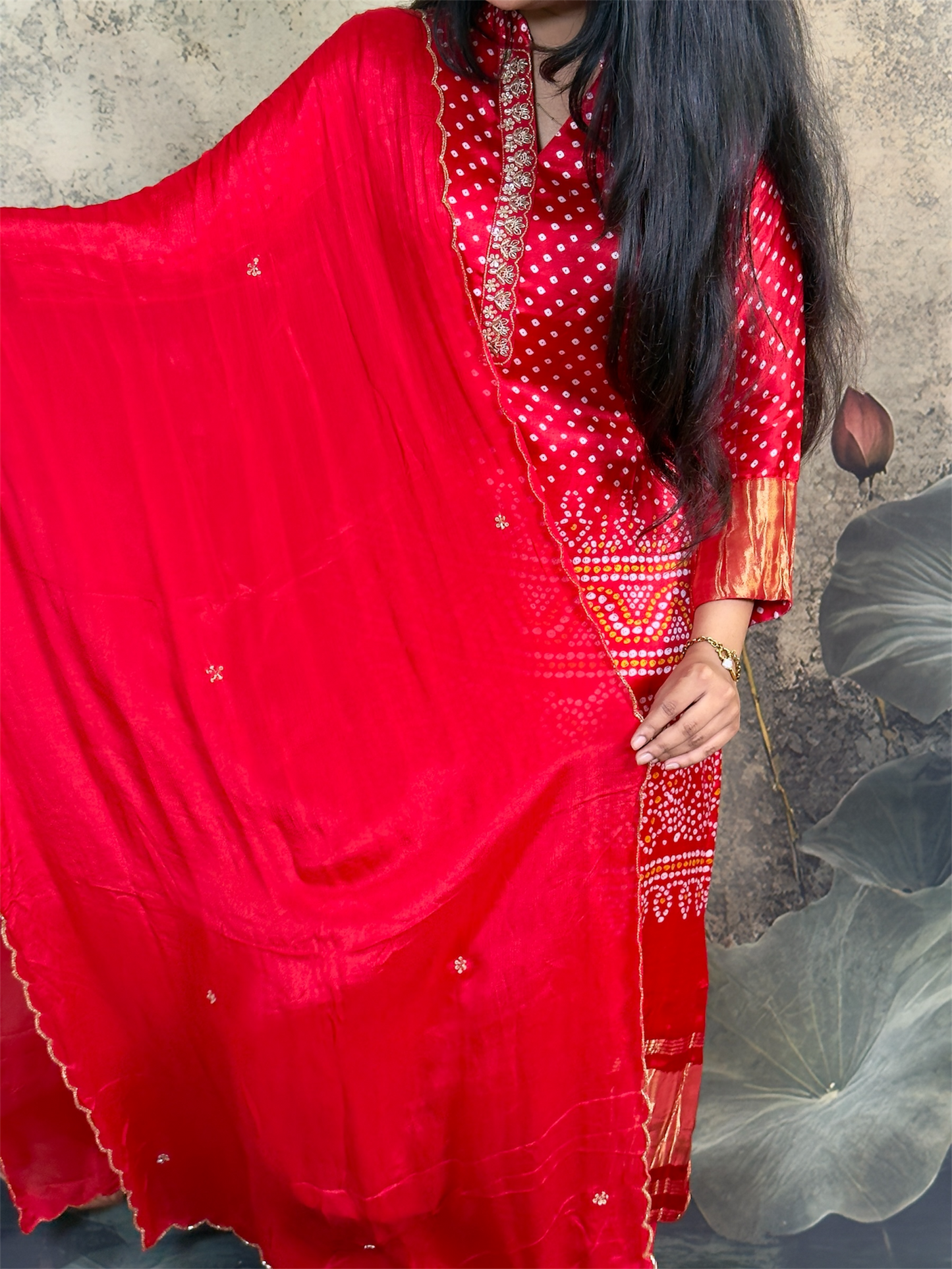 Pure crepe with bandhani and handwork