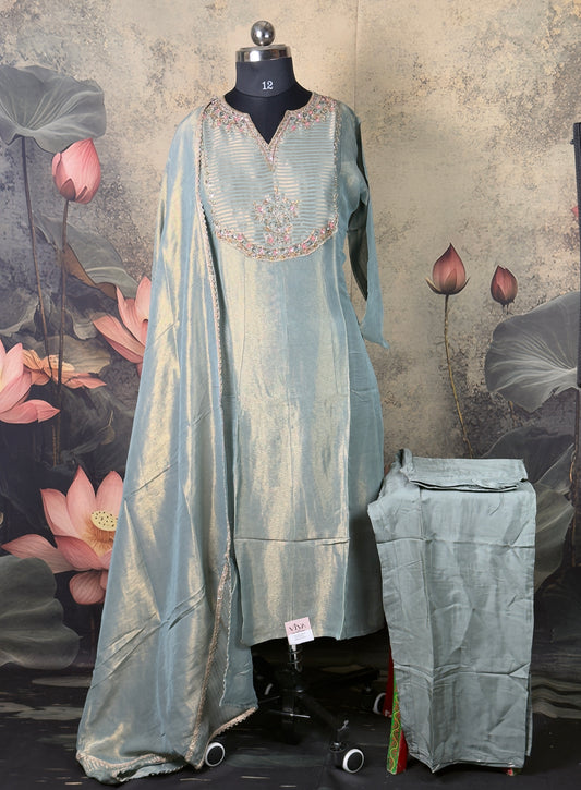 Sea Green Pure Tissue Silk Handwork Suit Set – 3 Piece