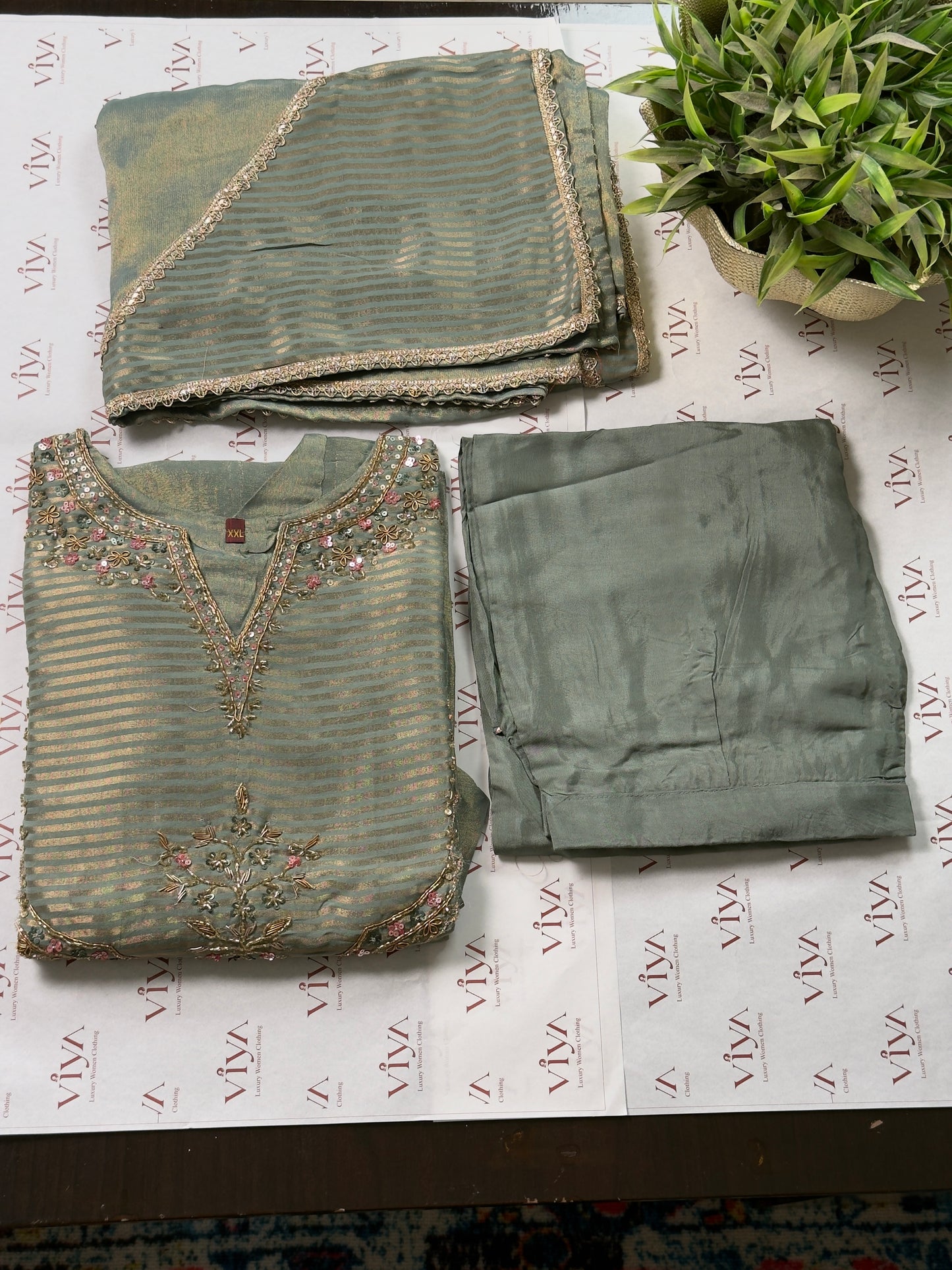 Sea Green Pure Tissue Silk Handwork Suit Set – 3 Piece