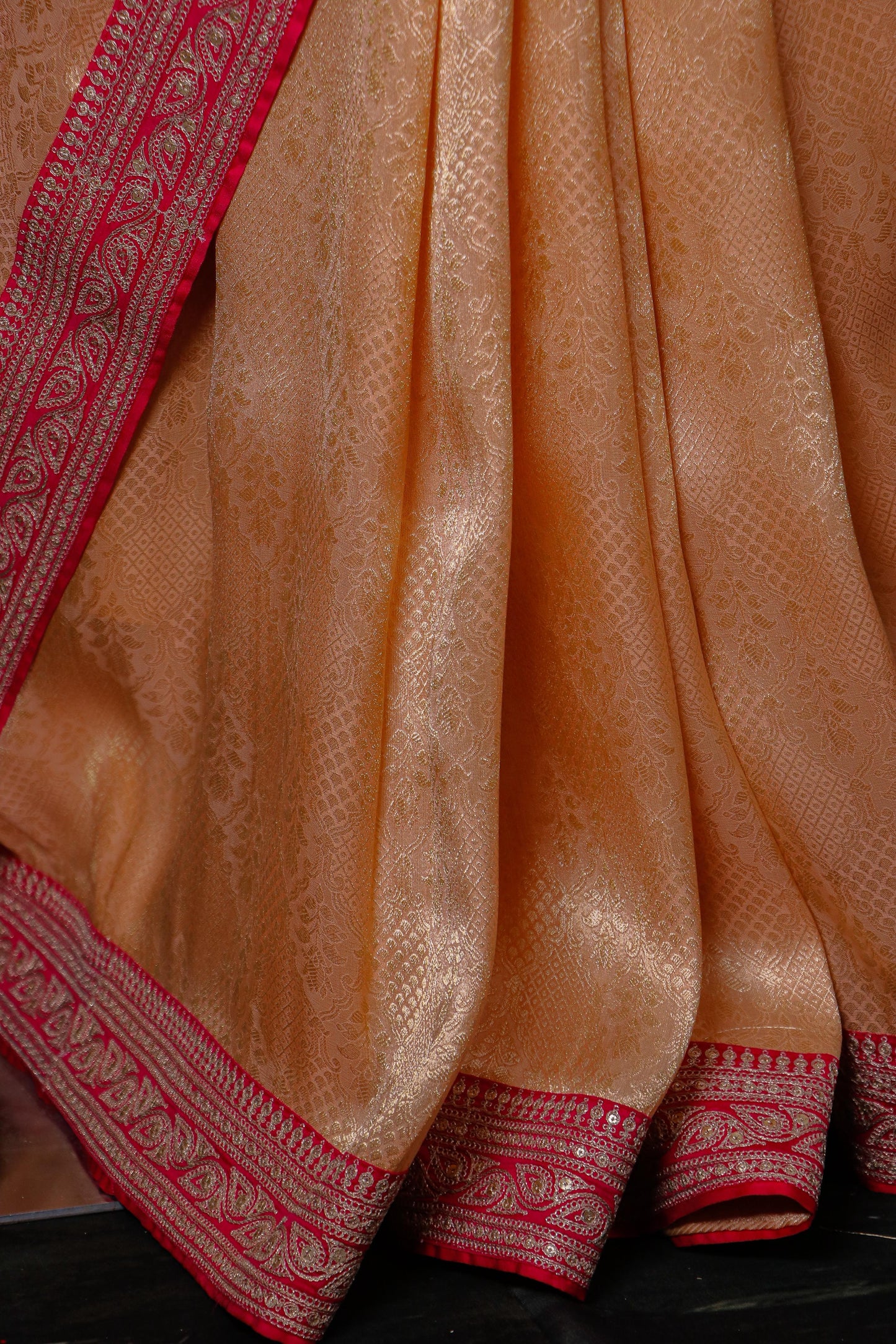 Peach Gold Pure Kanjivaram Tissue Brocade Saree with sabyasachi Lace Border & Couture Blouse