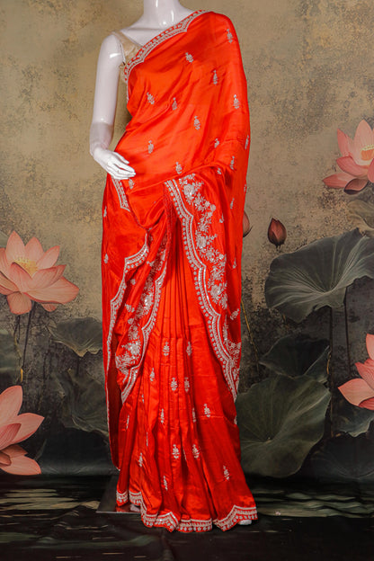 Scarlet Red Pure Crepe Saree with Intricate Hand Embroidery