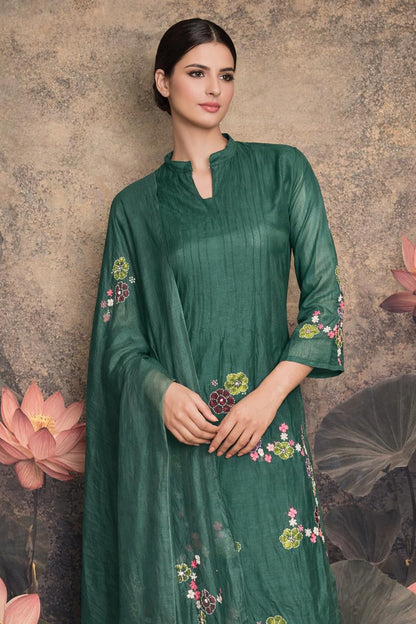 Emerald Grace – Pure Chanderi Silk Hand-Painted 3 piece suit