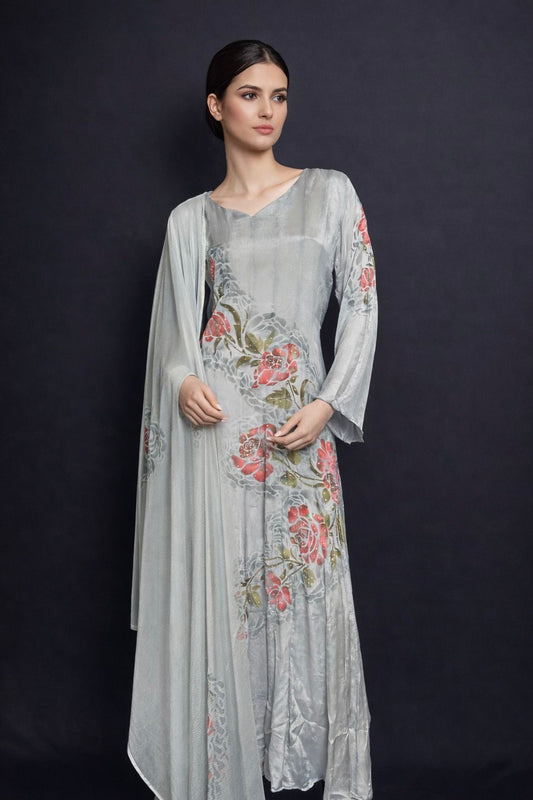 Mist Bloom – Pure Chinnon Georgette Hand-Painted Ensemble