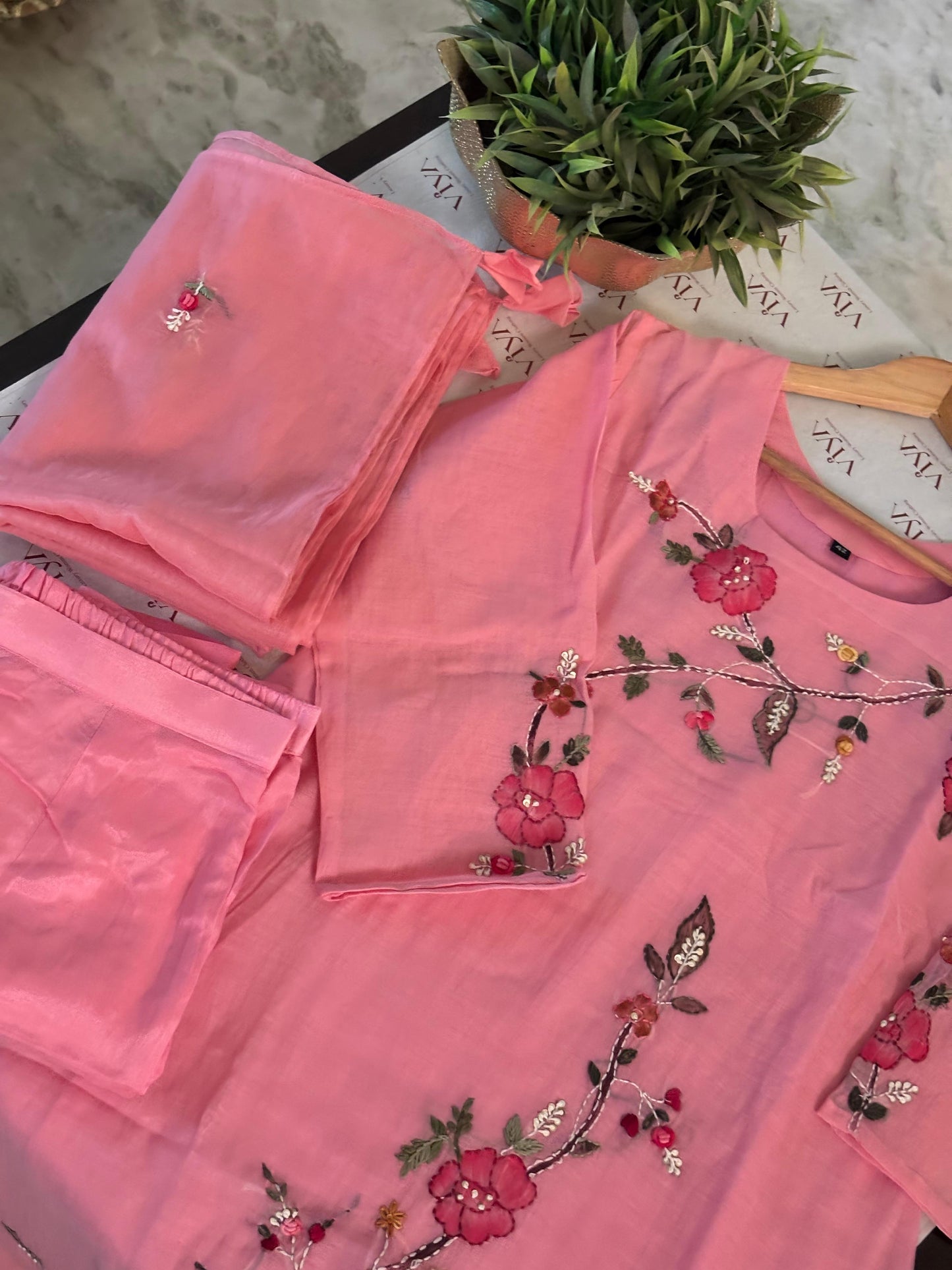 Blush Petal – Pure Mul Chanderi Hand-Painted 3-Piece Suit