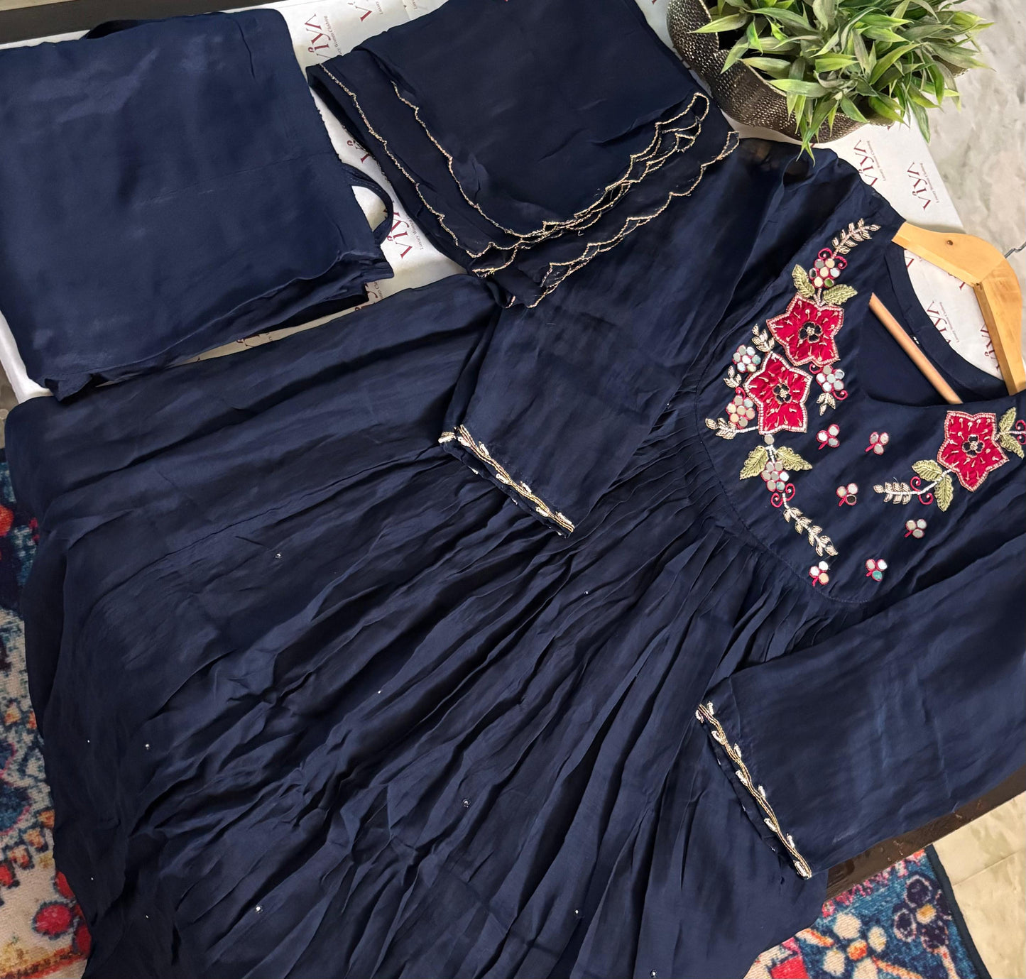 Midnight Bloom – Pure Mul Chanderi Handcrafted 3-Piece Suit