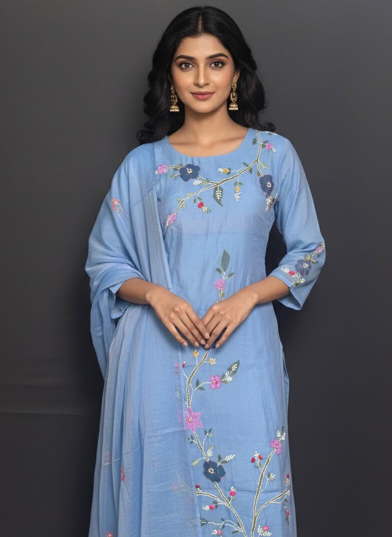 Sky Blue Hand-Painted Pure Mul Chanderi Suit Set