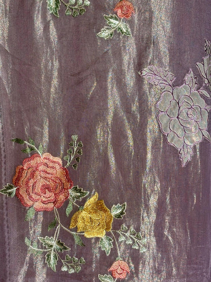 PURE TISSUE SILK SAREE WITH APPLIQUE WORK AND EMBROIDERY WORK