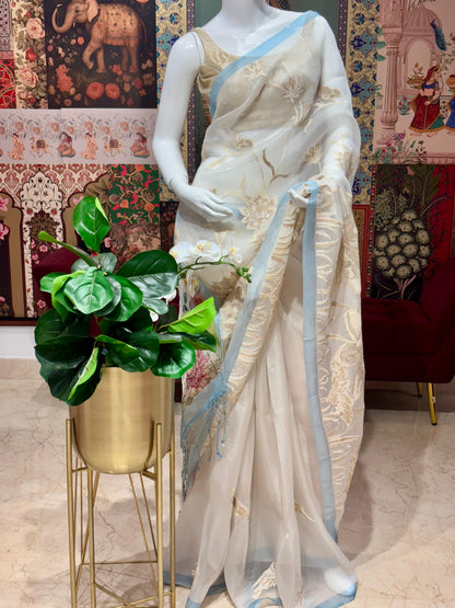 PURE ORGANZA WITH DIGITAL PRINT AND PETIT POINT WORK HALF AND HALF