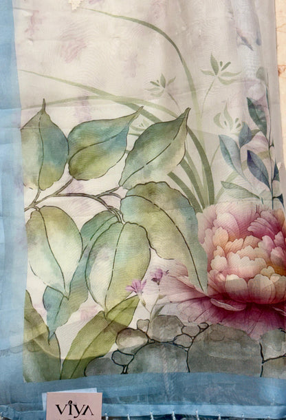 PURE ORGANZA WITH DIGITAL PRINT AND PETIT POINT WORK HALF AND HALF