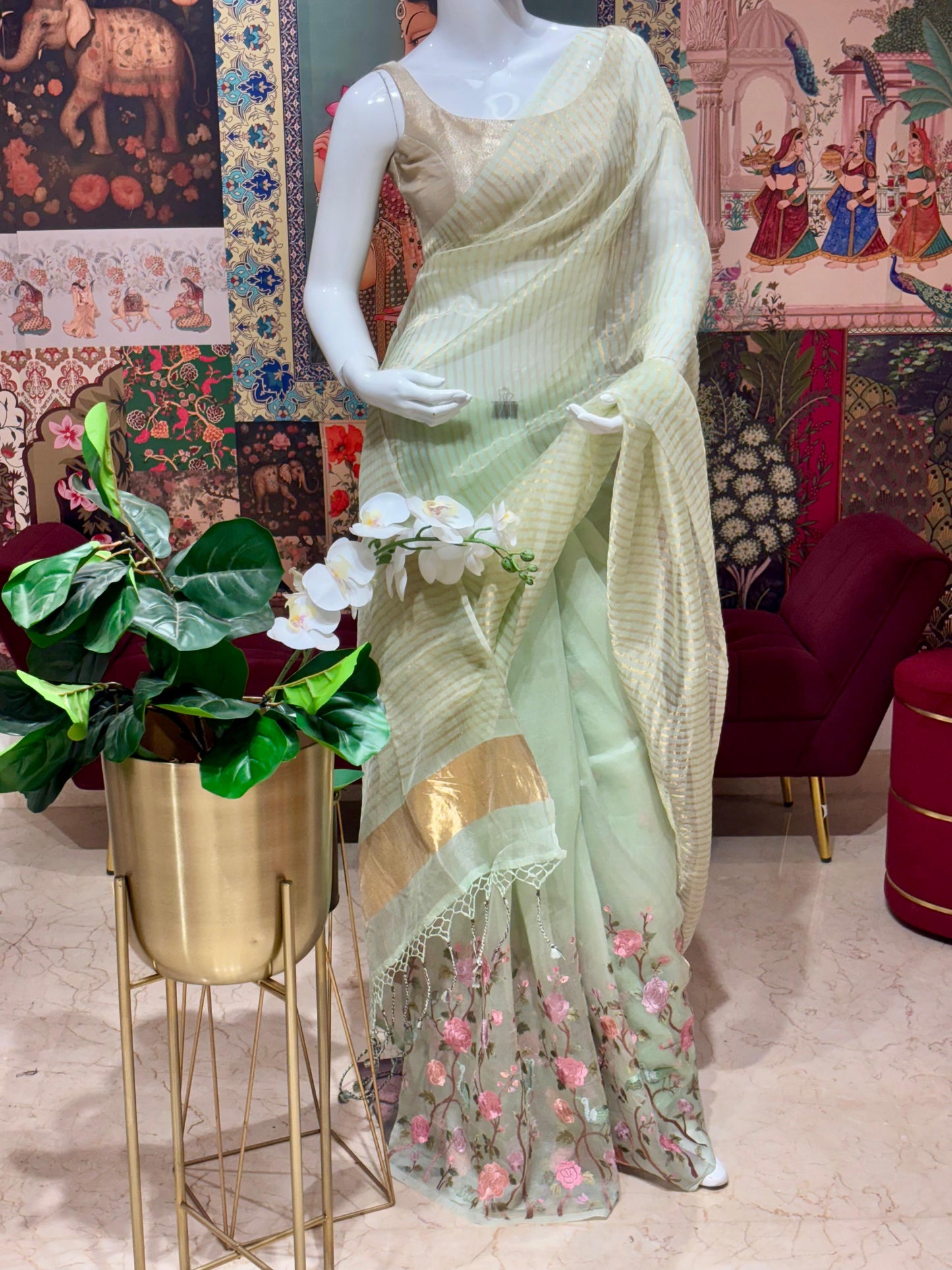 PURE KORA SILK WITH TISSUE STRIPES PARSIEA WORK HALF AND HALF