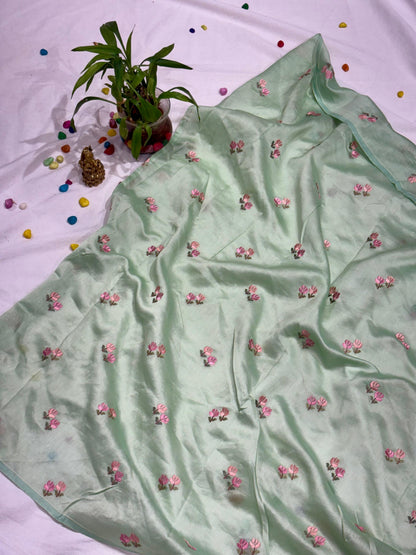 PURE KORA SILK WITH TISSUE STRIPES PARSIEA WORK HALF AND HALF