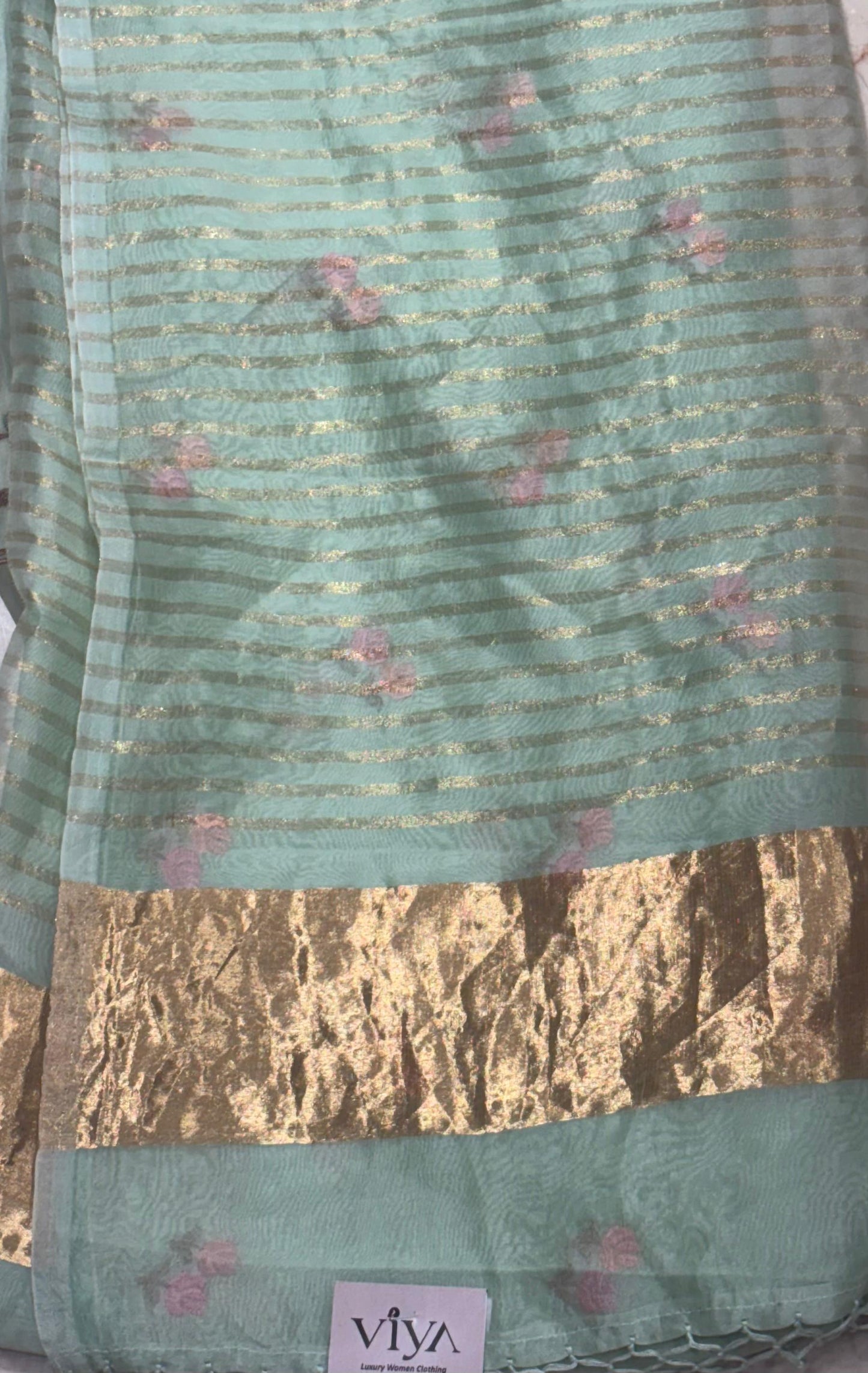 PURE KORA SILK WITH TISSUE STRIPES PARSIEA WORK HALF AND HALF