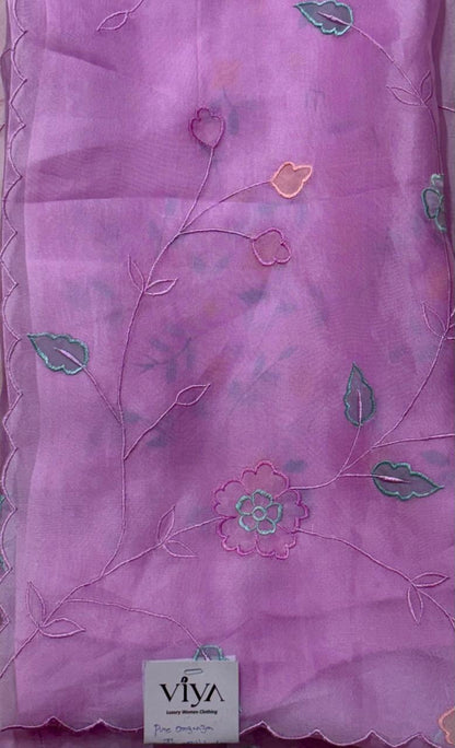 PURE ORGANZA WITH APPLIQUE WORK AND EMBROIDERY WORK WITH CRAPE BLOUSE.