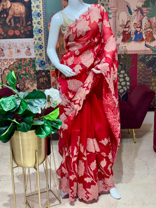PURE KORA SILK SAREE WITH TISSUE SILK APPLIQUE