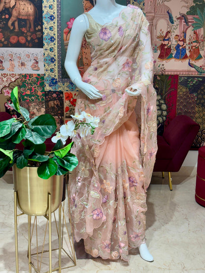PURE ORGANZA SAREE WITH ALL OVER APPLIQUE AND EMBROIDERY