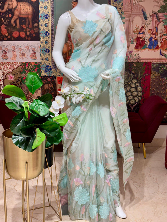 ORGANZA SAREE WITH ALL OVER APPLIQUE WORK