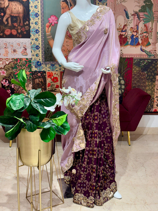 TISSUE SILK SAREE WITH GOTAPATTI SEQUENCE STONES HIGHLIGHTING HALF AND HALF