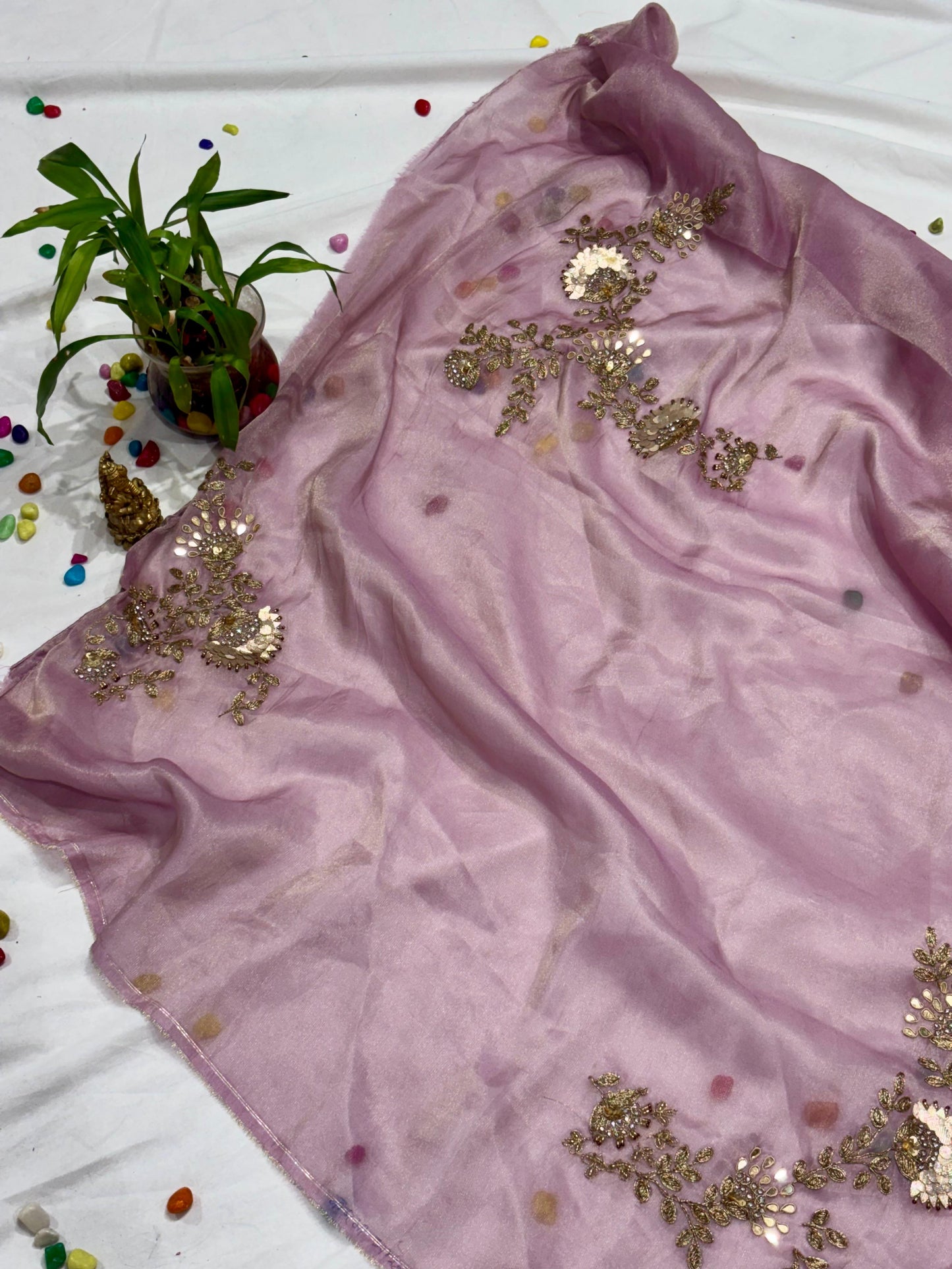 TISSUE SILK SAREE WITH GOTAPATTI SEQUENCE STONES HIGHLIGHTING HALF AND HALF