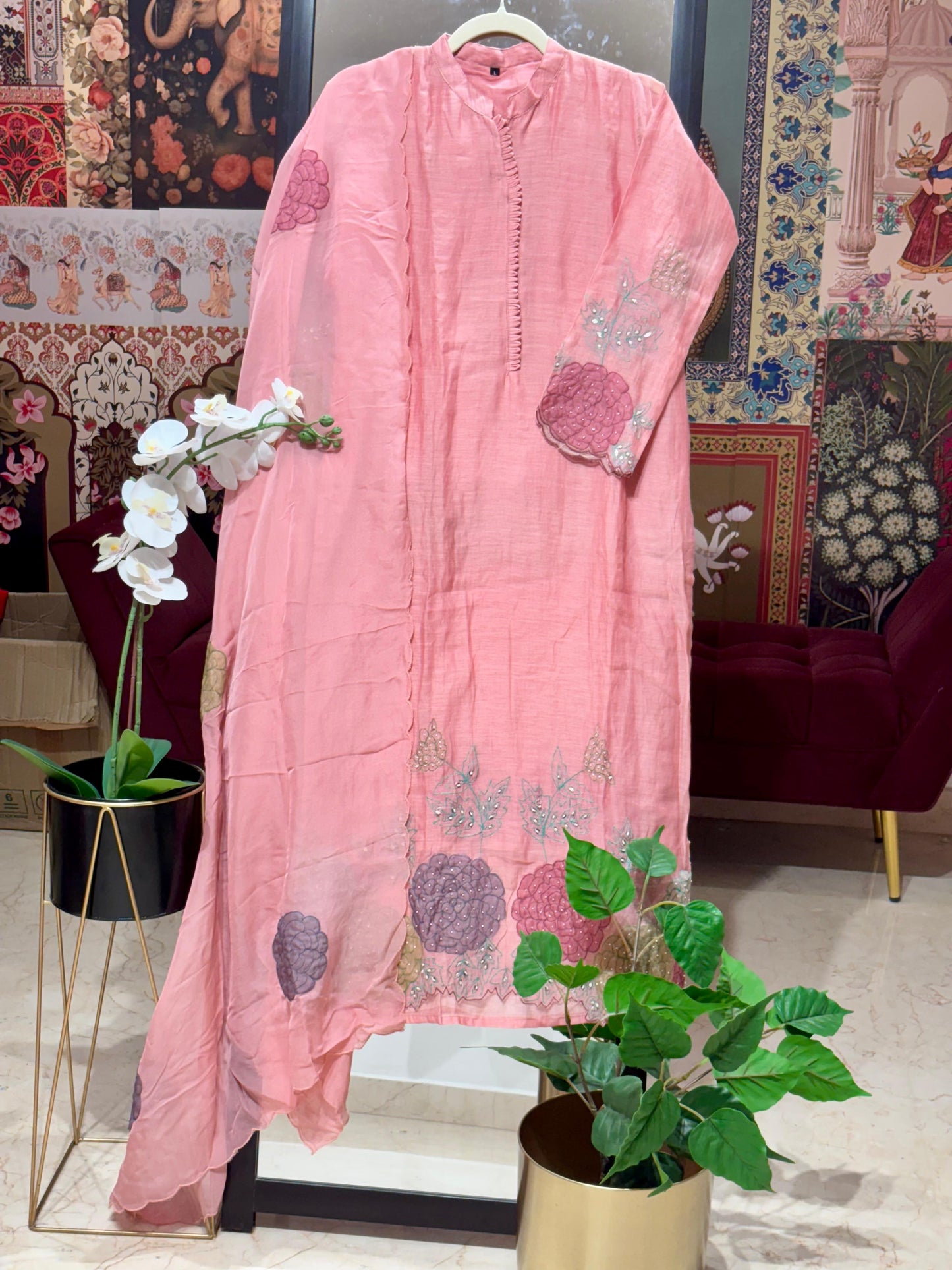 PURE MUL CHANDERI WITH APPLIQUE 3-PIECE SUIT