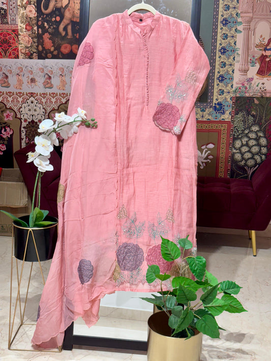 PURE MUL CHANDERI WITH APPLIQUE 3-PIECE SUIT