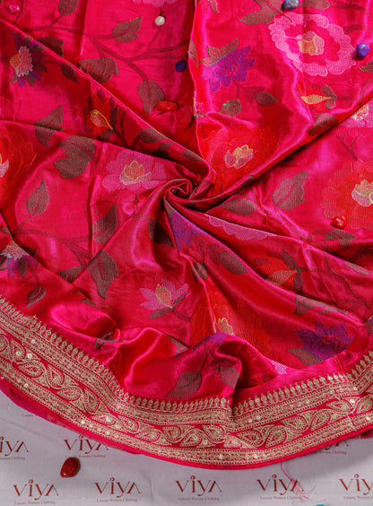 Peach Gold Pure Kanjivaram Tissue Brocade Saree with sabyasachi Lace Border & Couture Blouse