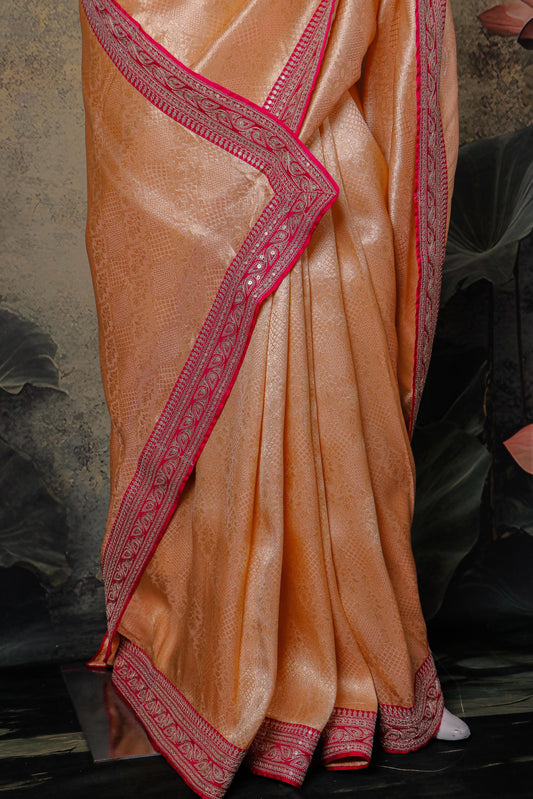 Peach Gold Pure Kanjivaram Tissue Brocade Saree with sabyasachi Lace Border & Couture Blouse