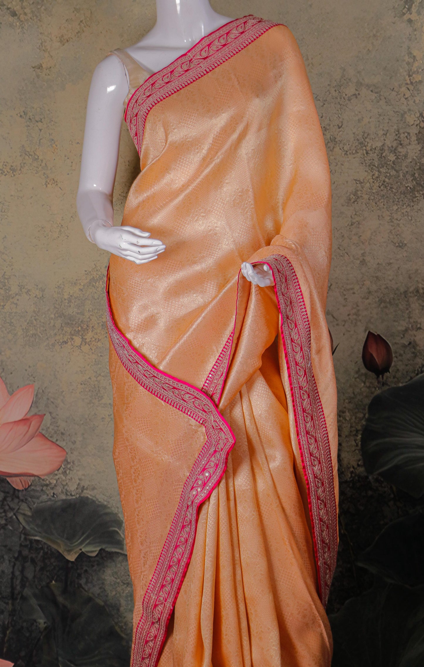 Peach Gold Pure Kanjivaram Tissue Brocade Saree with sabyasachi Lace Border & Couture Blouse