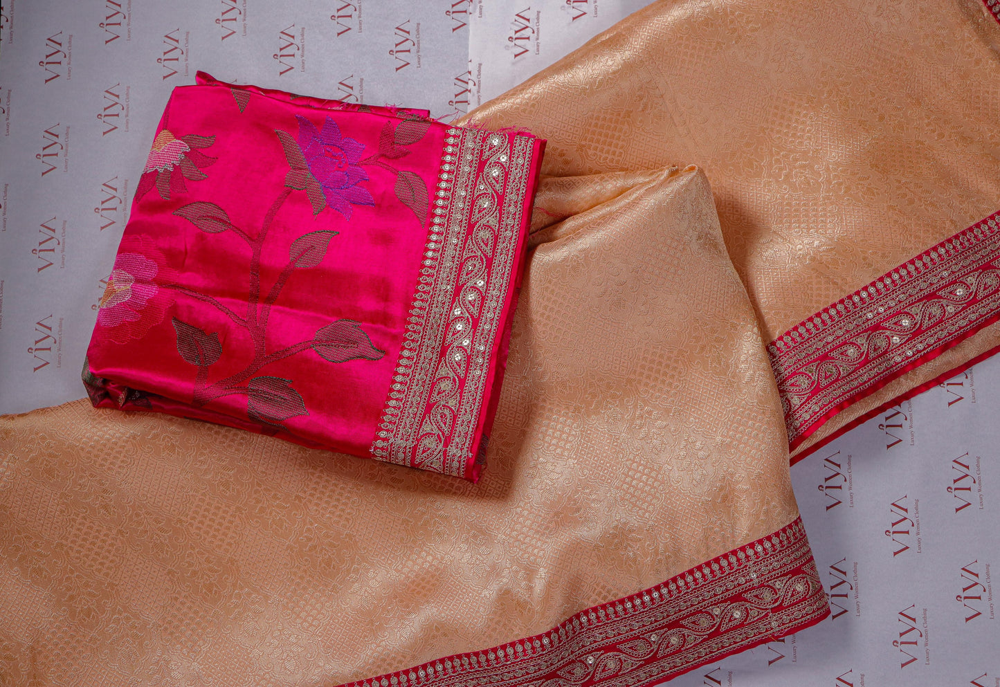 Peach Gold Pure Kanjivaram Tissue Brocade Saree with sabyasachi Lace Border & Couture Blouse