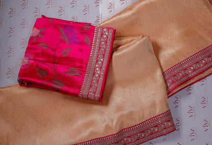 Peach Gold Pure Kanjivaram Tissue Brocade Saree with sabyasachi Lace Border & Couture Blouse