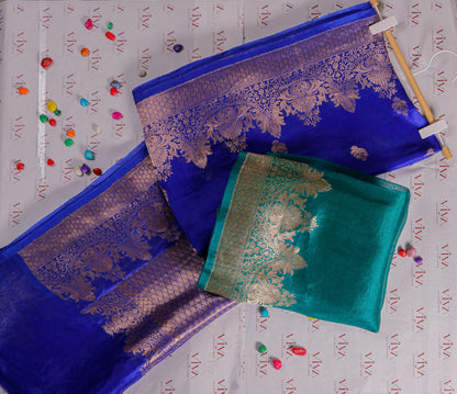 Royal Blue Pure Kora Silk Saree with Traditional Kaduva Weaving