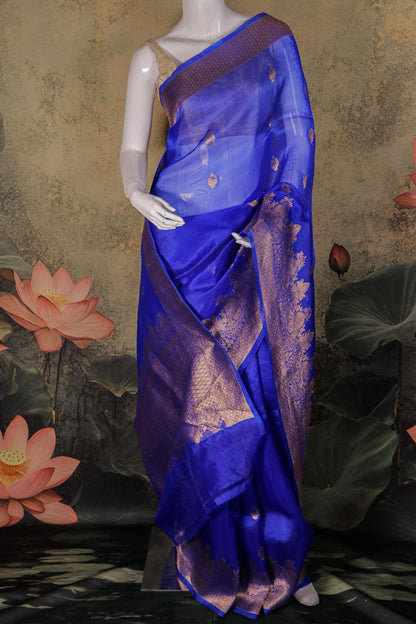 Royal Blue Pure Kora Silk Saree with Traditional Kaduva Weaving