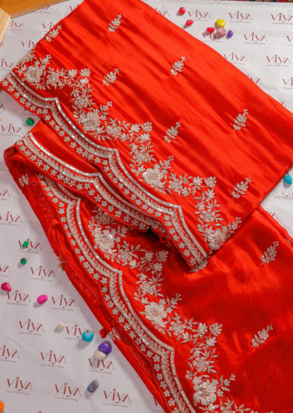 Scarlet Red Pure Crepe Saree with Intricate Hand Embroidery