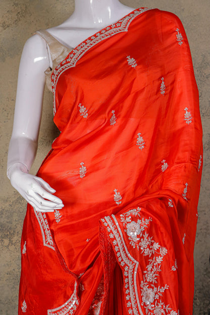 Scarlet Red Pure Crepe Saree with Intricate Hand Embroidery
