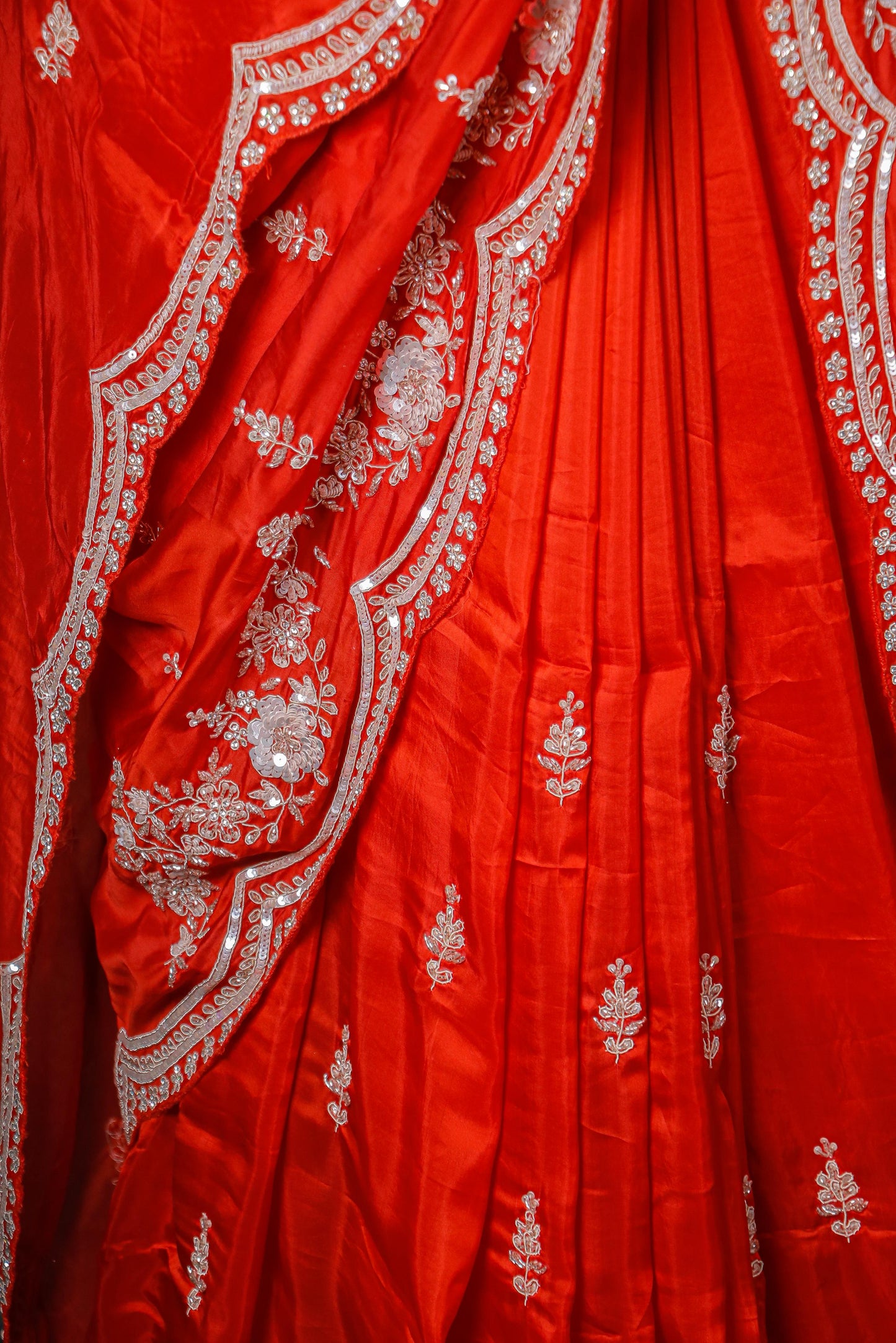Scarlet Red Pure Crepe Saree with Intricate Hand Embroidery