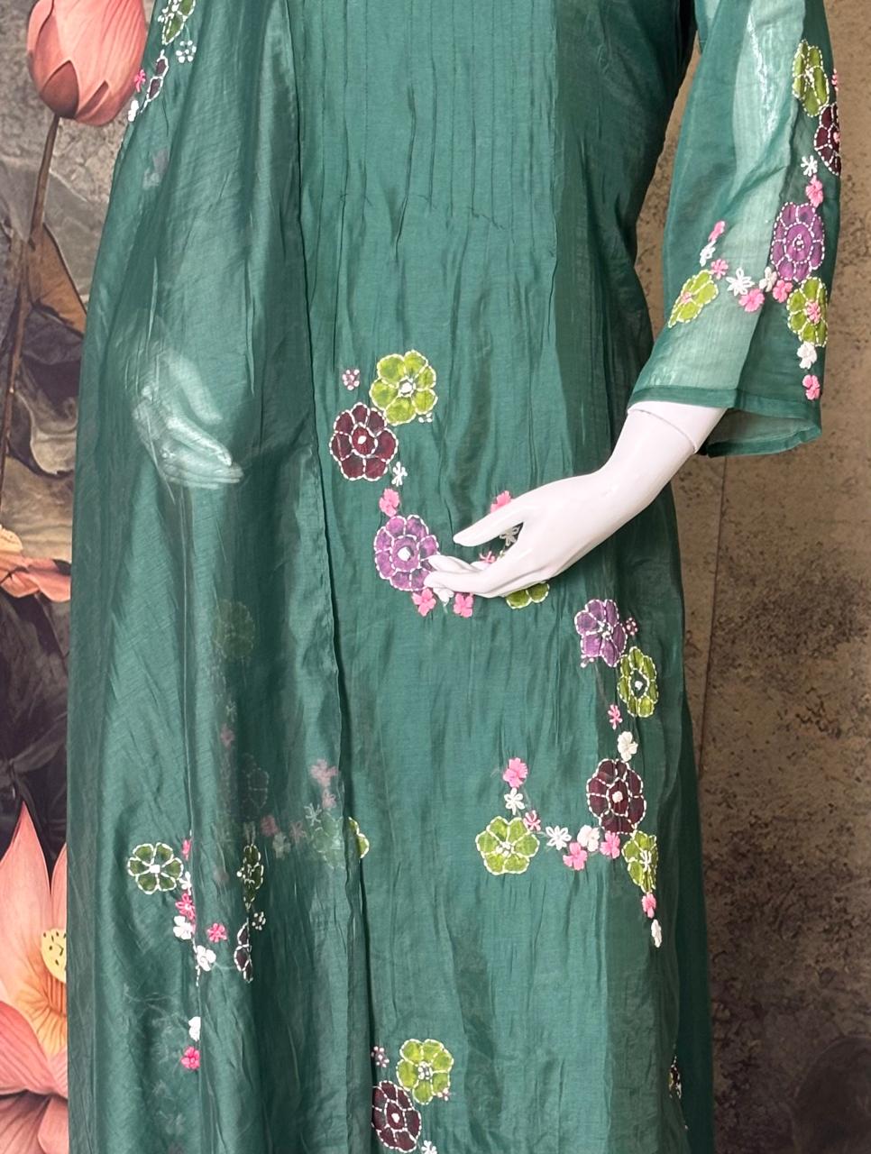 Emerald Grace – Pure Chanderi Silk Hand-Painted 3 piece suit