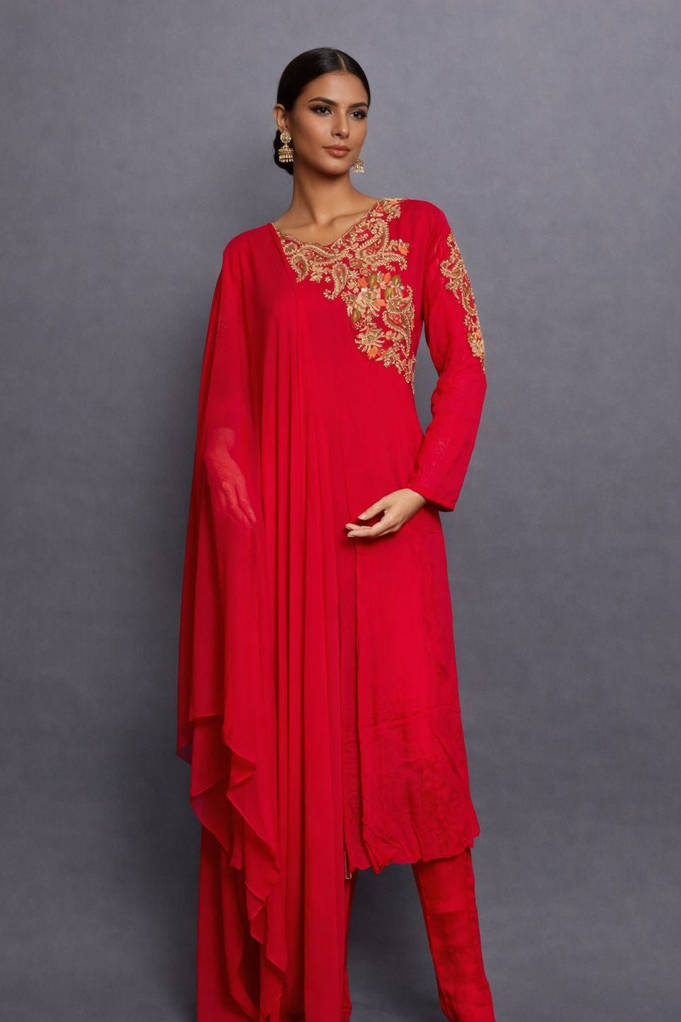 Crimson Royale – Pure Chinnon Georgette Handcrafted Ensemble