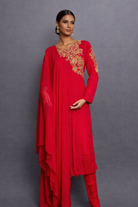 Crimson Royale – Pure Chinnon Georgette Handcrafted Ensemble