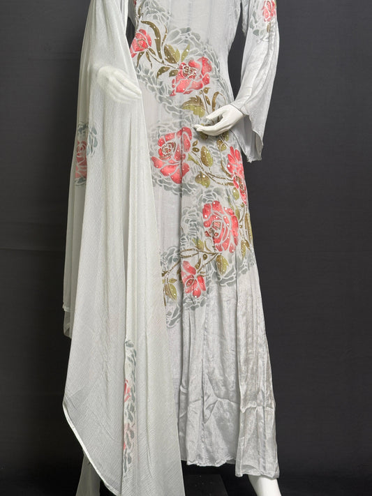Mist Bloom – Pure Chinnon Georgette Hand-Painted Ensemble