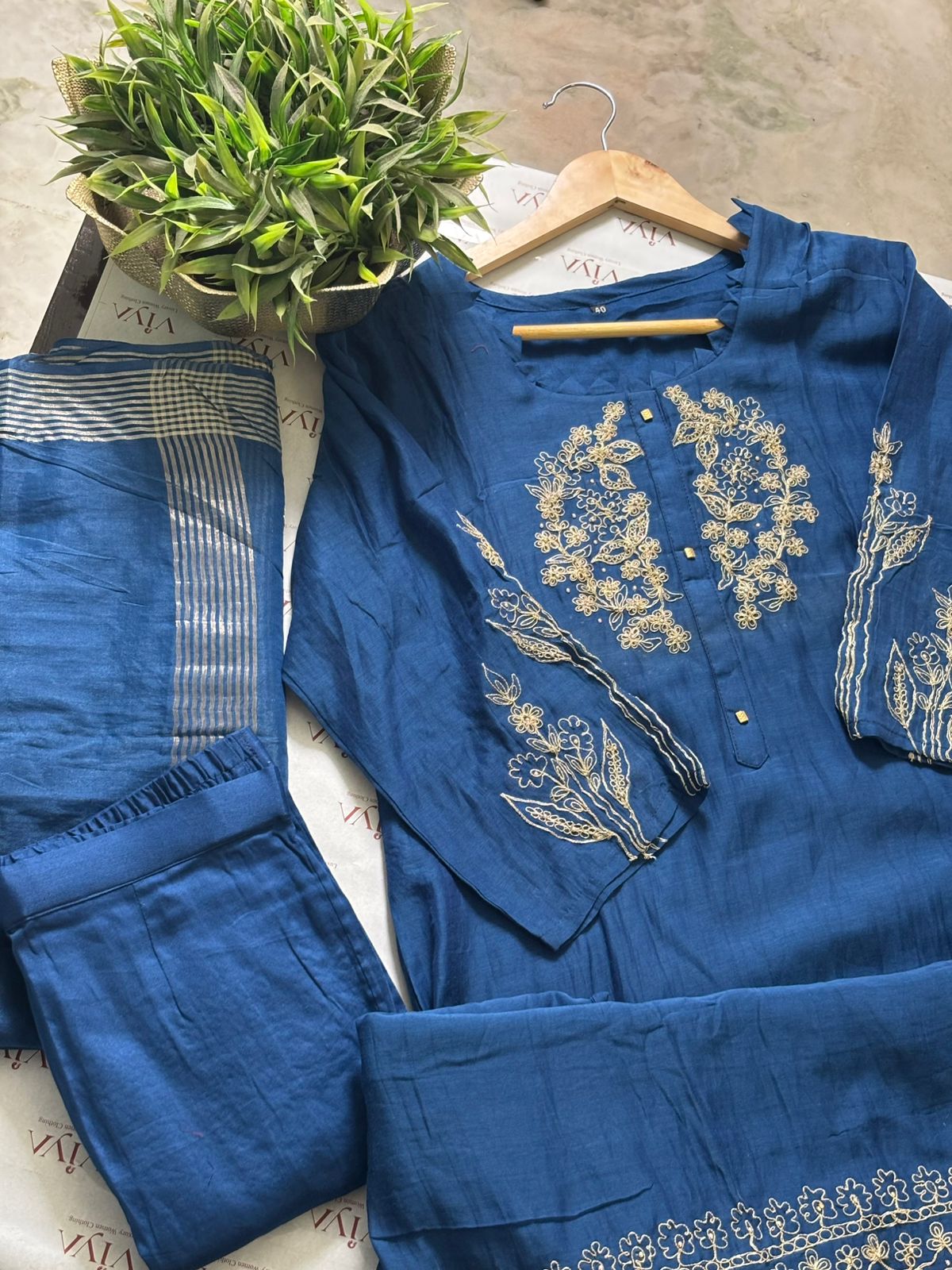 Sapphire Elegance – Pure Mul Chanderi Handcrafted Ensemble